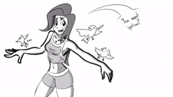 Size: 1920x1080 | Tagged: safe, artist:fluffalodraws, fluttershy, bird, human, armpits, belly button, clothes, dialogue, grayscale, humanized, lemme smash, midriff, monochrome, shorts, simple background, solo, tanktop, white background