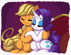 Size: 1650x1275 | Tagged: safe, artist:latecustomer, applejack, rarity, earth pony, pony, unicorn, female, lesbian, rarijack, shipping, snuggling