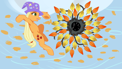 Size: 1280x720 | Tagged: source needed, safe, artist:jbond, applejack, earth pony, pony, fight, parody, style emulation, trixie's hat, wat, wtf