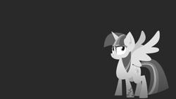 Size: 1280x720 | Tagged: safe, artist:zvn, derpibooru import, twilight sparkle, twilight sparkle (alicorn), alicorn, pony, black and white, cutie mark, dark background, female, gray background, grayscale, hooves, horn, mare, monochrome, simple background, solo, spread wings, wings