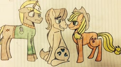 Size: 1024x569 | Tagged: safe, artist:pimpartist101, applejack, caramel, trenderhoof, earth pony, pony, carajack, female, group, lined paper, male, shipping, straight, traditional art