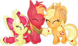 Size: 1796x1056 | Tagged: safe, artist:casanova-mew, apple bloom, applejack, big macintosh, earth pony, pony, chibi, cute, cutie mark, eyes closed, female, filly, male, simple background, sitting, smiling, stallion, the cmc's cutie marks, transparent background