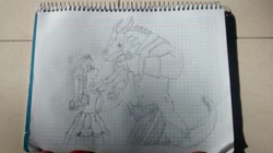 Size: 1296x728 | Tagged: safe, artist:ds59, rarity, oc, oc:dragun shot, dragon, equestria girls, beauty and the beast, belle, clothes, crossover, drarity, dress, graph paper, notebook, prince adam, smiling, suit, traditional art