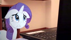 Size: 1280x720 | Tagged: safe, rarity, pony, computer, floppy ears, irl, laptop computer, looking, photo, ponies in real life, solo