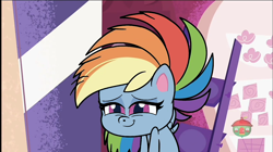 Size: 1286x720 | Tagged: safe, derpibooru import, edit, edited screencap, screencap, rainbow dash, pegasus, pony, my little pony: pony life, pinkie pie: hyper-helper, spoiler:pony life s01e06, messy mane, sickbow dash, smiling, tired, treehouse logo