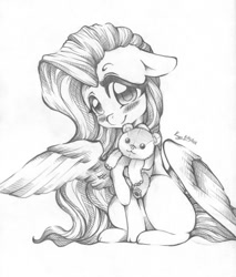 Size: 400x470 | Tagged: safe, artist:unspokenlovensfw, fluttershy, pegasus, pony, cute, explicit source, looking at you, missing cutie mark, pencil drawing, shyabetes, simple background, solo, teddy bear, traditional art, white background