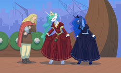 Size: 1690x1020 | Tagged: safe, artist:carnifex, princess celestia, princess luna, anthro, human, unguligrade anthro, bowing, clothes, curtsey, dress, ethereal mane, eyes closed, harald fairhair, helmet, royal sisters, starry mane, trio, viking helmet