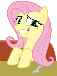 Size: 3100x4100 | Tagged: safe, artist:tomfraggle, fluttershy, pegasus, pony, the saddle row review, absurd resolution, fork, nervous laugh, simple background, solo, table, transparent background, vector