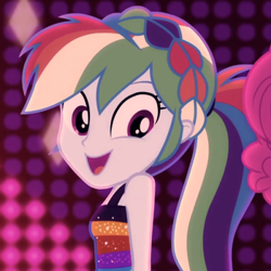 Size: 500x500 | Tagged: safe, derpibooru import, screencap, rainbow dash, better together, equestria girls, i'm on a yacht, cute, dashabetes, neon eg logo, sleeveless, smiling