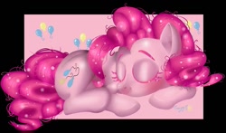 Size: 1137x670 | Tagged: safe, artist:crazymartinz16, pinkie pie, earth pony, pony, abstract background, prone, sleeping, solo