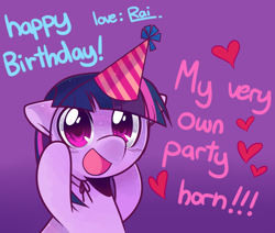 Size: 800x677 | Tagged: safe, artist:pekou, derpibooru import, twilight sparkle, blushing, cute, filly, happy, hat, heart, looking at you, open mouth, party hat, smiling, solo, twiabetes, younger