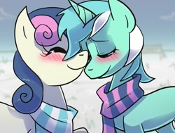 Size: 873x660 | Tagged: safe, artist:shufflestripes, bon bon, lyra heartstrings, sweetie drops, blushing, clothes, female, lesbian, lyrabon, nuzzling, scarf, shipping, snow