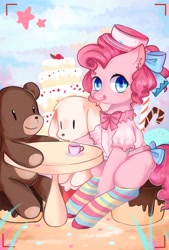 Size: 1181x1748 | Tagged: safe, artist:nitrogenowo, pinkie pie, earth pony, pony, cake, camera shot, clothes, dessert, food, hat, looking at you, sitting, socks, solo, striped socks, teddy bear, tongue out