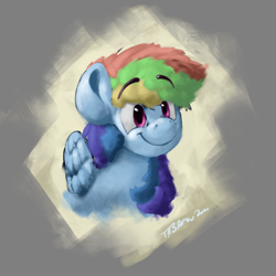 Size: 2000x2000 | Tagged: safe, artist:th3ipodm0n, derpibooru import, rainbow dash, pegasus, pony, atg 2020, bust, eyebrows visible through hair, female, folded wings, mare, newbie artist training grounds, portrait, smiling, solo, three quarter view, wings