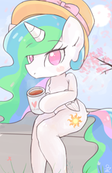 Size: 2000x3084 | Tagged: safe, artist:yunyeyoung, princess celestia, alicorn, pony, semi-anthro, coffee mug, cutie mark, female, hat, mug, sitting, solo