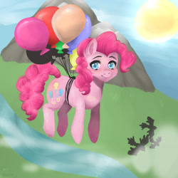 Size: 1024x1024 | Tagged: safe, artist:axunna, pinkie pie, earth pony, pony, balloon, floating, mountain, solo, sun, then watch her balloons lift her up to the sky