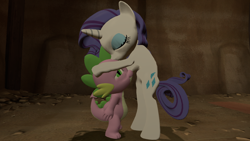 Size: 1366x768 | Tagged: safe, artist:rose-supreme, rarity, spike, dragon, pony, unicorn, 3d, bipedal, female, gmod, kiss on the head, kissing, male, shipping, sparity, straight