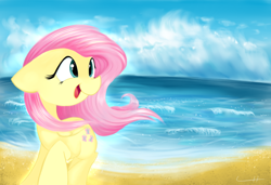 Size: 1024x702 | Tagged: safe, artist:lcpegasister75, fluttershy, pegasus, pony, beach, folded wings, head turn, ocean, open mouth, raised hoof, smiling, solo, windswept mane