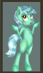 Size: 1229x2061 | Tagged: safe, artist:lamentedmusings, lyra heartstrings, pony, unicorn, bipedal, chest fluff, lipstick, shrug, solo