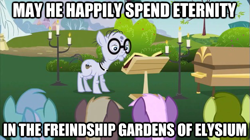 Size: 625x350 | Tagged: safe, coco crusoe, lyra heartstrings, mr. waddle, earth pony, pony, background pony, casket, clerical collar, coffin, elderly, elysium, eulogy, funeral, glasses, image macro, implied death, liver spots, male, misspelling, priest, stallion