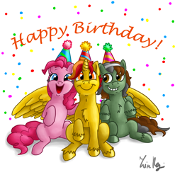 Size: 4414x4462 | Tagged: safe, artist:ragutheninja, pinkie pie, oc, alicorn, earth pony, pony, unicorn, absurd resolution, alicorn oc, happy birthday, hat, male, party hat, stallion