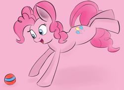 Size: 3009x2173 | Tagged: safe, artist:itsthinking, pinkie pie, earth pony, pony, ball, behaving like a dog, cute, eyes on the prize, jumping, open mouth, pounce, puppy pie, simple background, smiling, solo