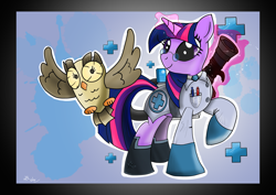 Size: 3508x2480 | Tagged: safe, artist:swordflash4, derpibooru import, owlowiscious, twilight sparkle, glasses, medic, medigun, team fortress 2, twi medic