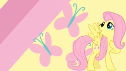 Size: 1191x670 | Tagged: safe, artist:ponyphile, fluttershy, pegasus, pony, cutie mark, looking up, smiling, solo, vector, wallpaper