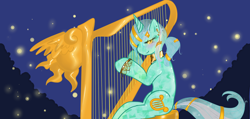 Size: 2000x950 | Tagged: safe, artist:azure-doodle, lyra heartstrings, pony, unicorn, blushing, crystallized, female, harp, mare, musical instrument, sitting, smiling, solo