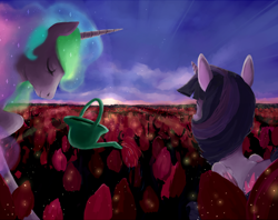 Size: 1182x934 | Tagged: safe, artist:caek, artist:colorlesscupcake, princess celestia, twilight sparkle, twilight sparkle (alicorn), alicorn, pony, duo, ethereal mane, eyes closed, female, field, flower, mare, smiling, starry mane, watering can