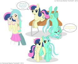 Size: 1280x1056 | Tagged: safe, artist:inuhoshi-to-darkpen, bon bon, lyra heartstrings, sweetie drops, adorabon, bench, cute, dialogue, female, holding hooves, humanized, lesbian, lyrabetes, lyrabon, shipping, signature, simple background, sitting, upside down, white background