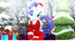 Size: 1920x1080 | Tagged: safe, artist:chocokumiko, rarity, pony, unicorn, 3d, christmas, christmas lights, christmas ornament, christmas tree, clothes, commission, costume, decoration, hat, holiday, present, santa costume, santa hat, snow, snowfall, solo, source filmmaker, tree