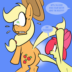 Size: 576x576 | Tagged: safe, artist:pembroke, apple bloom, applejack, earth pony, pony, dialogue, do she got a booty, plot, simple background