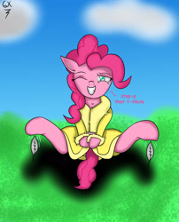 Size: 2500x3100 | Tagged: safe, artist:bloom-and-fruit, pinkie pie, earth pony, pony, colored pupils, feather, high res, hoof tickling, one eye closed, shadow, solo, spirit of hearth's warming presents, tickling