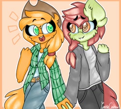 Size: 1619x1458 | Tagged: safe, artist:cashiecashew, applejack, oc, oc:artline, anthro, canon x oc, female, holding hands, lesbian, shipping