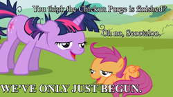 Size: 1280x720 | Tagged: safe, derpibooru import, scootaloo, twilight sparkle, lesson zero, chickun, exploitable meme, faic, forced meme, meme