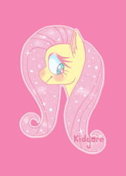 Size: 775x1080 | Tagged: safe, artist:kidgore, fluttershy, pegasus, pony, blushing, bust, looking away, looking down, pink background, portrait, profile, simple background, solo, sparkly