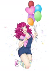 Size: 1024x1537 | Tagged: safe, artist:gothangel0729, pinkie pie, human, balloon, clothes, converse, humanized, overalls, shoes, simple background, socks, solo, striped socks, white background