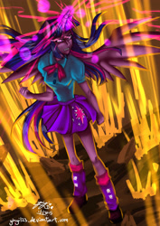 Size: 2893x4092 | Tagged: dead source, safe, artist:zakurarain, derpibooru import, twilight sparkle, twilight sparkle (alicorn), alicorn, equestria girls, angry, badass, color porn, glowing horn, ponied up, solo, super saiyan princess