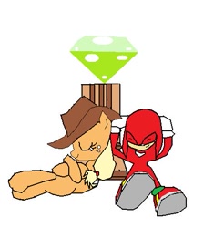 Size: 423x472 | Tagged: safe, artist:misterythewere-hog, applejack, earth pony, pony, appleknux, crossover, crossover shipping, female, knuckles the echidna, male, master emerald, shipping, simple background, sonic the hedgehog (series), straight, white background