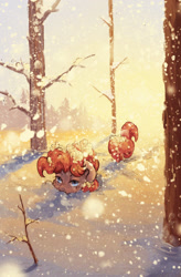 Size: 1000x1520 | Tagged: safe, artist:koviry, pinkie pie, earth pony, pony, bare tree, forest, scenery, snow, snowfall, solo, tree, winter