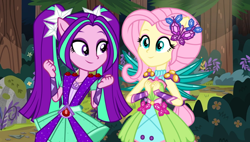 Size: 800x455 | Tagged: safe, artist:3d4d, artist:mixiepie, artist:pink1ejack, aria blaze, fluttershy, equestria girls, legend of everfree, alternate universe, ariashy, clothes, crystal wings, female, flutterblaze, forest, lesbian, ponied up, shipping, super ponied up