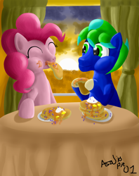 Size: 1536x1940 | Tagged: safe, artist:asajiopie01, pinkie pie, oc, earth pony, pony, breakfast, eating, eyes closed, food, morning ponies, pancakes, plate, signature, table, whipped cream