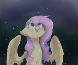 Size: 2400x2000 | Tagged: safe, artist:wacky-skiff, fluttershy, firefly (insect), pegasus, pony, chest fluff, ear fluff, floppy ears, looking at something, looking up, night, open mouth, sitting, smiling, solo, spread wings