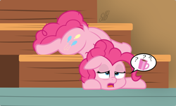 Size: 4500x2726 | Tagged: safe, artist:pabbley, artist:slb94, pinkie pie, earth pony, pony, absurd resolution, bags under eyes, coffee, hangover, lidded eyes, morning ponies, pictogram, question, solo, speech bubble, stairs, tired