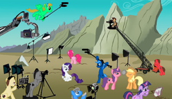 Size: 1996x1153 | Tagged: safe, artist:oinktweetstudios, applejack, pinkie pie, rarity, twilight sparkle, twilight sparkle (alicorn), oc, alicorn, earth pony, pony, unicorn, alternate cutie mark, animated actors, behind the scenes, camera, clapperboard, dolly camera, female, focus, mare