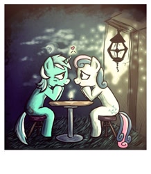 Size: 1162x1332 | Tagged: safe, artist:lauren-campbell, bon bon, lyra heartstrings, sweetie drops, firefly (insect), blushing, candle, female, heart, lesbian, love, lyrabon, moon, night, shipping