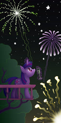 Size: 1200x2400 | Tagged: safe, artist:dahtamnay, derpibooru import, twilight sparkle, 2015, balcony, fireworks, glass, happy new year, magic, solo