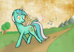 Size: 4092x2893 | Tagged: safe, artist:omgmax, lyra heartstrings, pony, unicorn, lyre, music notes, smiling, solo