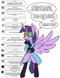 Size: 765x990 | Tagged: safe, artist:zanezandell, derpibooru import, twilight sparkle, twilight sparkle (alicorn), alicorn, pony, ask evil genius twilight, bipedal, female, goggles, mare, solo, tumblr